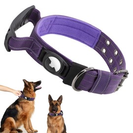 Tagfur Tactical Airtag Dog Collar with Handle,Tractive GPS Dog Tracker with Metal Buckle, Adjustable Military Dog Collar with Airtag Holder for Medium to Large Dogs(Purple,L)