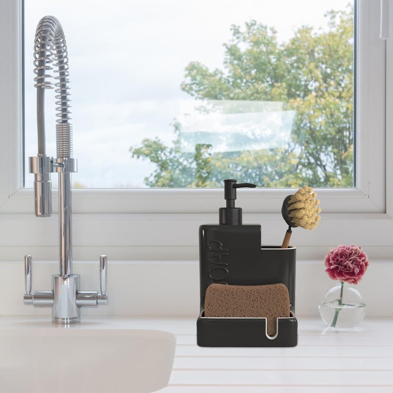Karisky Soap Dispenser with Sponge Holder and Brush Holder, Ceramic