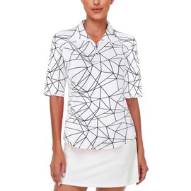 Misyula Elbow Sleeve Golf Shirts for Women,1/4 Zip Polo Neck Athletic Tops Quick Dry Sun Protection Tennis Yoga Running Cycling Casual Active Wear Outfits,Geometry White,3XL