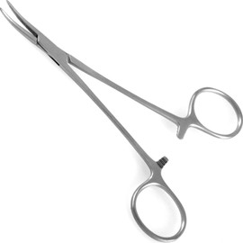 DEXSUR Precision Kelly Hemostat Forceps Locking Tweezers Clamp, Silver, Straight and Curved Stainless Steel (Curved, 4")