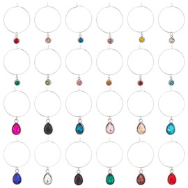 BENECREAT 24Pcs 24 Styles Wine Glass Charm, Drop and Flat Round Wine Glass Charm, Rhinestone Birthday Stone Charm for Wedding Reception, Beach Party Wine Glass Marker