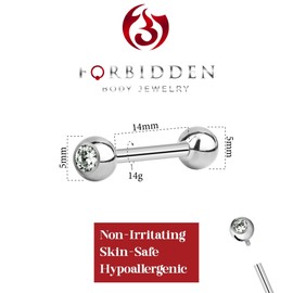 Forbidden Body Jewelry 14g 14mm Titanium Single CZ Crystal Top Barbell, 5mm Balls