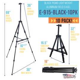 U.S. Art Supply - Pack of 10-66 Inch Sturdy Black Aluminum Tripod Artist Field and Display Easel Stand - Adjustable Height 20" to 5.5 Feet, Holds 32" Canvas - Floor and Tabletop Displaying, Painting