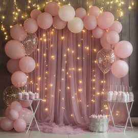 Xiomot Tulle Backdrop Curtain with Lights String 10FT X 10FT Dusty Rose Sheer Tulle Backdrop Curtains for Wedding Birthday Party Reception Photo Booth Background Decorations (2 Panels 5x10FT)