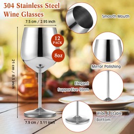 12 Pcs 18oz Stainless Steel Wine Glasses Metal Unbreakable Wine Glass Portable Steel Wine Glass Stainless Steel Wine Goblets Stemmed Silver Metal Wine Glasses for Wedding Anniversary Events Party