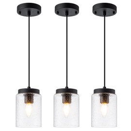IMPIOIO 3 Pack Seeded Glass Pendant Light Black Pendant Lighting Modern Mini Hanging Lighting Adjustable Cord for Kitchen Island Dining Room Sink,4.7in