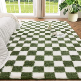 Andency 3x5 Shag Area Rug for Living Room, Olive Green and White Small Fluffy Checkered Shaggy Rug, Sage Forest Dark Green Soft Comfy Carpet, Plush Area Rug for Dorm Home Decor
