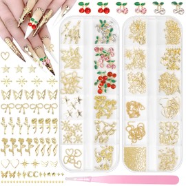 2 Boxes Gold Nail Charms and Gems, 3D Cherry Nails Charms Star Flower Butterfly Alloy Nail Gold Charm, Mixed Star Butterfly Charms for Nails Art Studs DIY Accessories Y2K