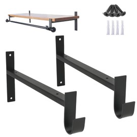 AddGrace Closet Rod Bracket Heavy Duty Shelf Brackets 6 Inch Black Wall Mounted Closet Rod Support with Pole Holder Industrial Iron Shelving Supports with Hook (2 Pack)