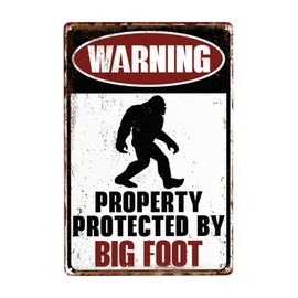 Bugana Property Protected By Big Foot Vintage Metal Warning Sign, Retro Tin Sign Sasquatch Posters Gifts for Outdoor Street Road Yard Forest Funny Decor 8 x 12 Inch