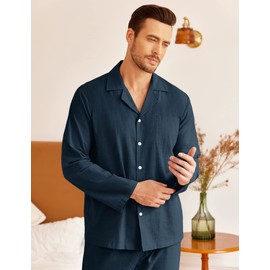 Ekouaer Men's Long Pyjamas Cotton Two-Piece Sleepwear Long Sleeve Loungewear Winter S-XXL, navy blue