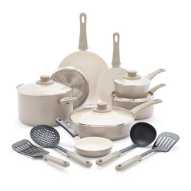 GreenLife 16 Piece Nonstick Cookware Set, Soft Grip Non-Toxic PFAS-Free Ceramic Pots & Pans, Dishwasher & Oven Safe, Frying, Sauce, Saute, Utensils, Glass Lids, Stay-Cool Handles, Wobble Free, Taupe