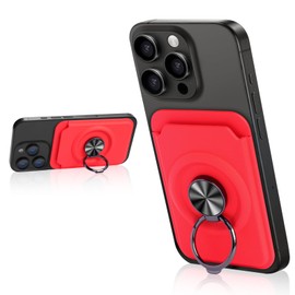 TOKNOOME for Magsafe Wallet, Magnetic Card Holder Wallet with 360° Rotating Finger Ring Stand for All Cell Phones, Fit 1-3 Cards, Slide Easy Card Take Design (Red)