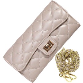 Sp Lab Lamb Leather Long Wallet with Chain Quilted Clutch Bag Smartphone Wallet Mini Bag, Rishi Small Milk Tea