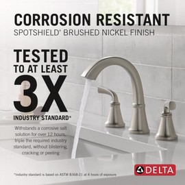 Delta Geist Brushed Nickel Bathroom Faucet 3 Hole, 8 Inch Widespread Bathroom Sink Faucet for Vanity, Push-Pop Drain Assembly, SpotShield Brushed Nickel 35864LF-SP
