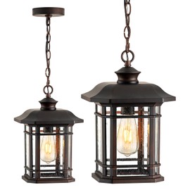 VIANIS Large Outdoor Pendant Lights for Porch, Bronze Hanging Porch Light, Waterproof Hanging Porch Light for House, Garden, Front Porch, Anti-Rust, 100% Aluminum, Seed Glass