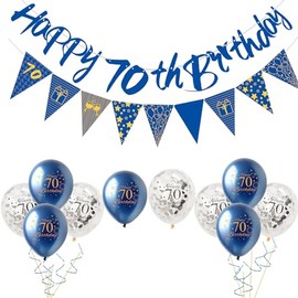 12Pcs Happy 70th Birthday Decorations Set for Him - Navy Blue & Gold Balloons, Number 70 Banner, Triangle Flag for Men's Birthday Party