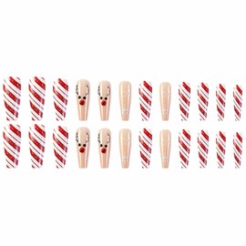 MERVF Christmas Press on Nails Long Coffin Fake Nails Red White Ballerina Glue on Nails with Snowflake Design Artificial Acrylic Nails 24pcs Glossy False Nails