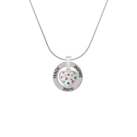 Delight Jewelry Silvertone White Resin Heart with Spring Crystals - Silvertone Teach Inspire Guide Message Ring Necklace, 18"