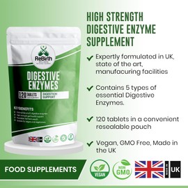 Digestive Enzyme Supplements - 120 Tablets for Optimal Gut Health - Contains DigeZyme, Lactase, Protease - Promotes Healthy Digestion, Essential Digestive Enzymes - UK Made, Vegan