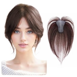 AYunhe Hook and Loop Strap Human Hair Bangs No Clips Magic Paste Toppers For Women Female Upgrade Sewing Stickers Increase Volume of Fluffy Hair Patches (Dark Brown No Bangs 6x8cm)