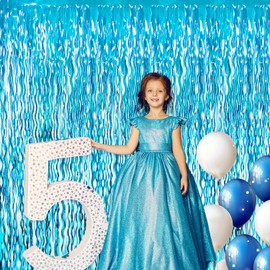 GOER 6.4 ft x 7.8 ft Metallic Tinsel Foil Fringe Curtains,Pack of 2 Party Streamer Backdrop for Birthday,Graduation Decorations and New Year Eve (Wavy Light Blue)