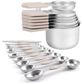 Magnetic Measuring Cups and Spoons Set-Heavy Duty 304 Stainless Steel，Double Measurement Markings，Set of 16 with Leveler for Measure Dry and Liquid Ingredients (khaki)