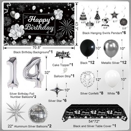 Miidenks 14th Birthday Decorations Set for Boy Girl,Black Silver Happy 14 Birthday Party Supplies with Birthday Backdrop Banner Birthday Tablecloth 14 Number Balloons for Her Him