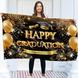 Happy Graduation Banner for Prom - Congratulations Banner - Congratulations Decorations - Well Done - We Are So Proud of You - 5x3ft (Black & Gold)
