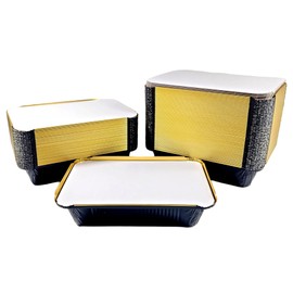 PACTOGO 2 1/4 lb. Oblong Black & Gold Aluminum Foil Pans Take Out Heavy Duty Containers w/Board Lid Covers 8.43" x 5.93" x 1.81" - Food Storage Baking, Meal Prep, Takeout (Pack of 25 Sets)