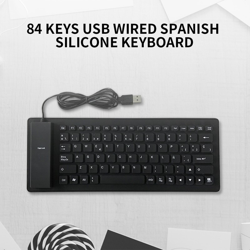 84 Keys Spanish USB Wired Silicone Keyboard Foldable Soft Silicone