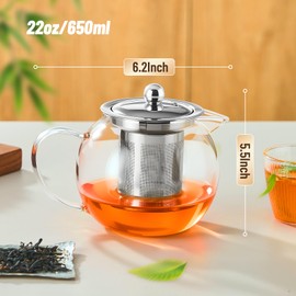 Baalaka Glass Teapot Stovetop 22 OZ/650ml, Tea pot with Removable 18/8 Stainless Steel Infuser, Borosilicate Clear Tea Kettle, Teapot Blooming and Loose Leaf Tea Maker Tea Brewer for Camping, Travel
