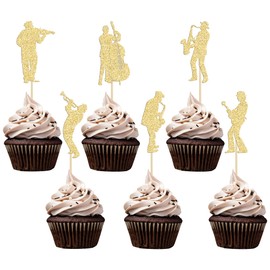 Gyufise 24Pcs Musician Cupcake Toppers Glitter Musical Silhouette Cello Saxophone Music Play Theme Cupcake Picks for Music Concert Wedding Engagement Bridal Shower Birthday Party Supplies Gold