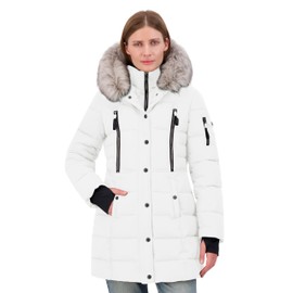 Nautica Women's 3/4 Microfiber Puffer Jacket With Faux Fur Hood, Winter White, X-Small