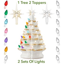 Casafield Hand Painted Ceramic Christmas Tree, White 12-Inch Pre-Lit Tree with 100 Multi Color Lights and 2 Star Toppers