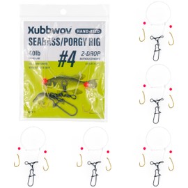 Xubbwov Seabass/Porgy Fishing Rig, 6-Pack Hand-Tied Double Drop Saltwater Bottom Fishing Rigs, 40lb Mono line, Gold Baitholder Hooks with 3-Way Swivel for Scup Sea Bass (#4 Baitholder Hooks)