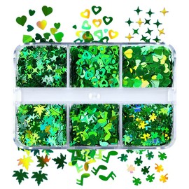 St.Patrick's Day Nail Art Glitters Green Shamrock Clovers Heart Design Nail Sequins 3D Holographic Sparkly Nail Art Supplies Luck of the Irish Nail Glitters Flake Shiny Glitter DIY Nail Decorations