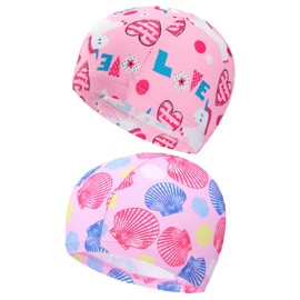 2 Pieces Kids Swimming Cap Set for Girls, Summer Waterproof Cartoon Hat, Fabric Swimming Cap Girls, Long and Short Hair Bathing Cap for Boys and Girls Children