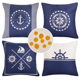 Outdoor Waterproof Linen Cushion Covers, 40 x 40 cm, Nautical Navy Blue, Anchor, Rudder, Sailing Boat, Compass, Decorative Cushion Cover, Throw Cushion Cover for Sofa Cushion Cover, Car, Garden,