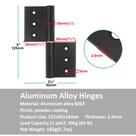 6 Pack 5 inch Lift Off Hinges, Aluminum Alloy Black Flag Hinges Detachable Door Hinge for Aluminum Frame Door, 5x3-5/8 inches, 2.6mm Thickness, Load 66lb/Pair