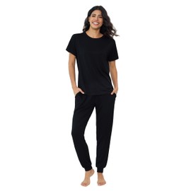 Joyaria Ladies Bamboo Viscose Pajamas Set Comfy Lightweight Pjs Summer Cooling Beam Foot Lounge Set(Black, XL)