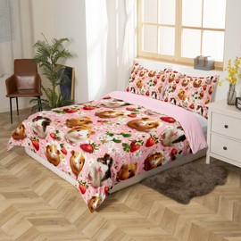 Homewish Guinea Pig Single Duvet Cover for Kids Girls Teens, Cute Guinea Pig Themed Toddler Bedding Set Lovely Pet Animal Quilt Cover Cartoon Strawberry Pattern Bed Sets, Pink Reversible