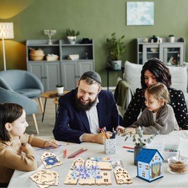 MONCAP 7 Pieces Hanukkah Craft Set Children's Hanukkah House Craft Wooden Hanukkah House Creative Sets Menorah Decoration Craft Set Star of David Dreidel Creative DIY for Girls Boys Hanukkah Jewish