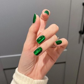 Green Press on Nails Short Square Fake Nails - Cat Eye Acrylic Nails Solid Color Translucent Nails Press ons Glossy & Simple Stick on Nails for Women 30 Pcs