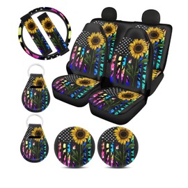 Suobstales American Flag Sunflower Car Accessories with Car Front Rear Split Seat Covers, Colorful Tie Dye Floral Seat Belt Pads + Steering Wheel Cover + Coaster + Keyrings for Women Set of 11-Pcs