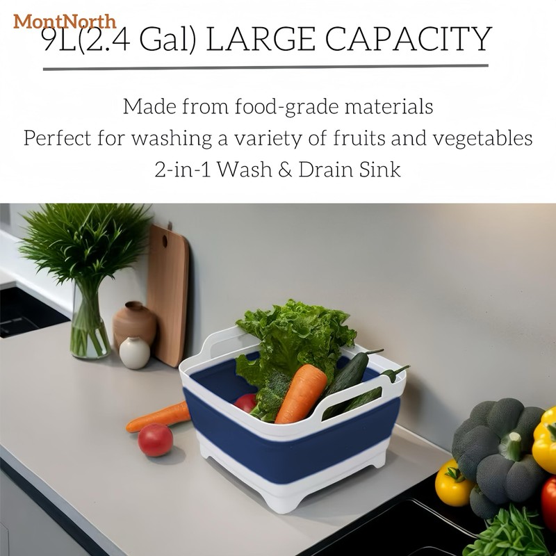 Collapsible Wash Basin 9L, Foldable Dish Tub with Drain Plug,