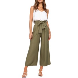 FANCYINN Womens 2 Piece Crop Pants Set V Neck Tank Wide Strap Tops High Waisted Cropped Paper Bag Pants with Belt Olive L