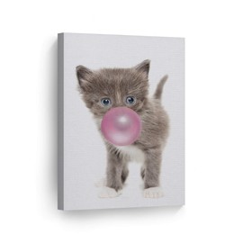 Smile Art Design Cute Cat Kitten Animal Bubble Gum Art Pink Canvas Print Photo Wall Art Home Decoration Pop Art Kids Room Decor Nursery Ready to Hang Made in The USA 22x15