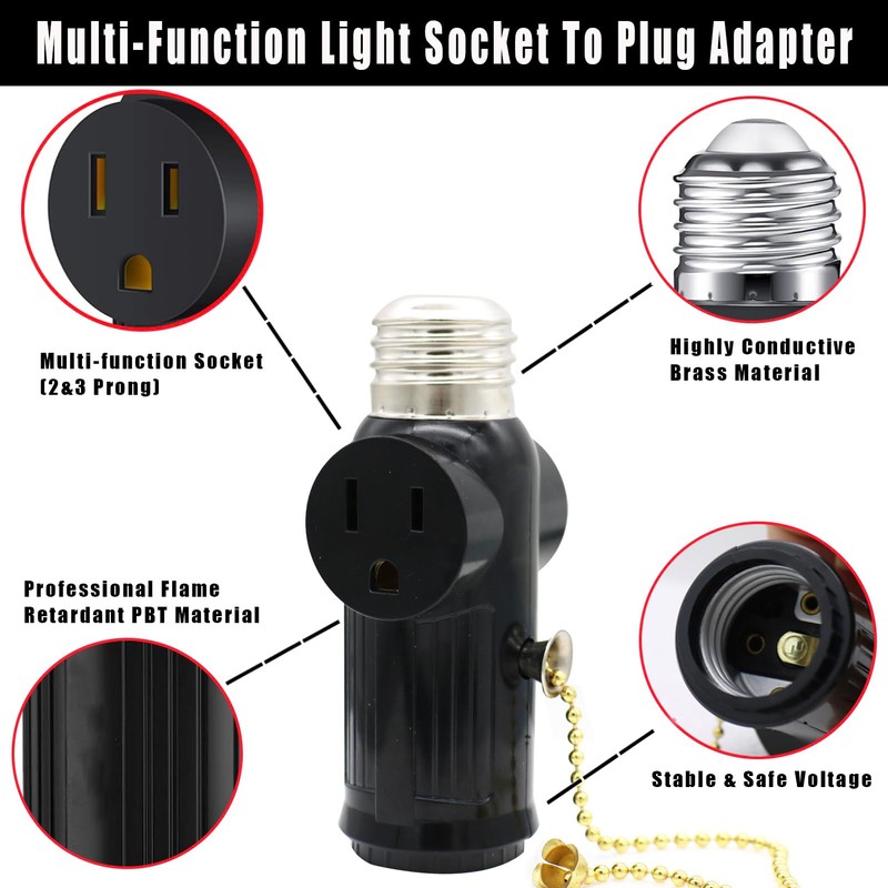 Light Socket to Plug Adapter, 3 Prong Light Bulb Outlet