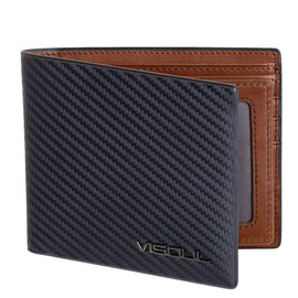 VISOUL Leather Mens Bifold RFID Blocking Wallet with 2 ID Windows, Leather Wallet for Men (Carbon Fiber, Black+Brown)